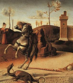 Giovanni Bellini : Pesaro Altarpiece, detail of the predella featuring St. George Fighting the Dragon